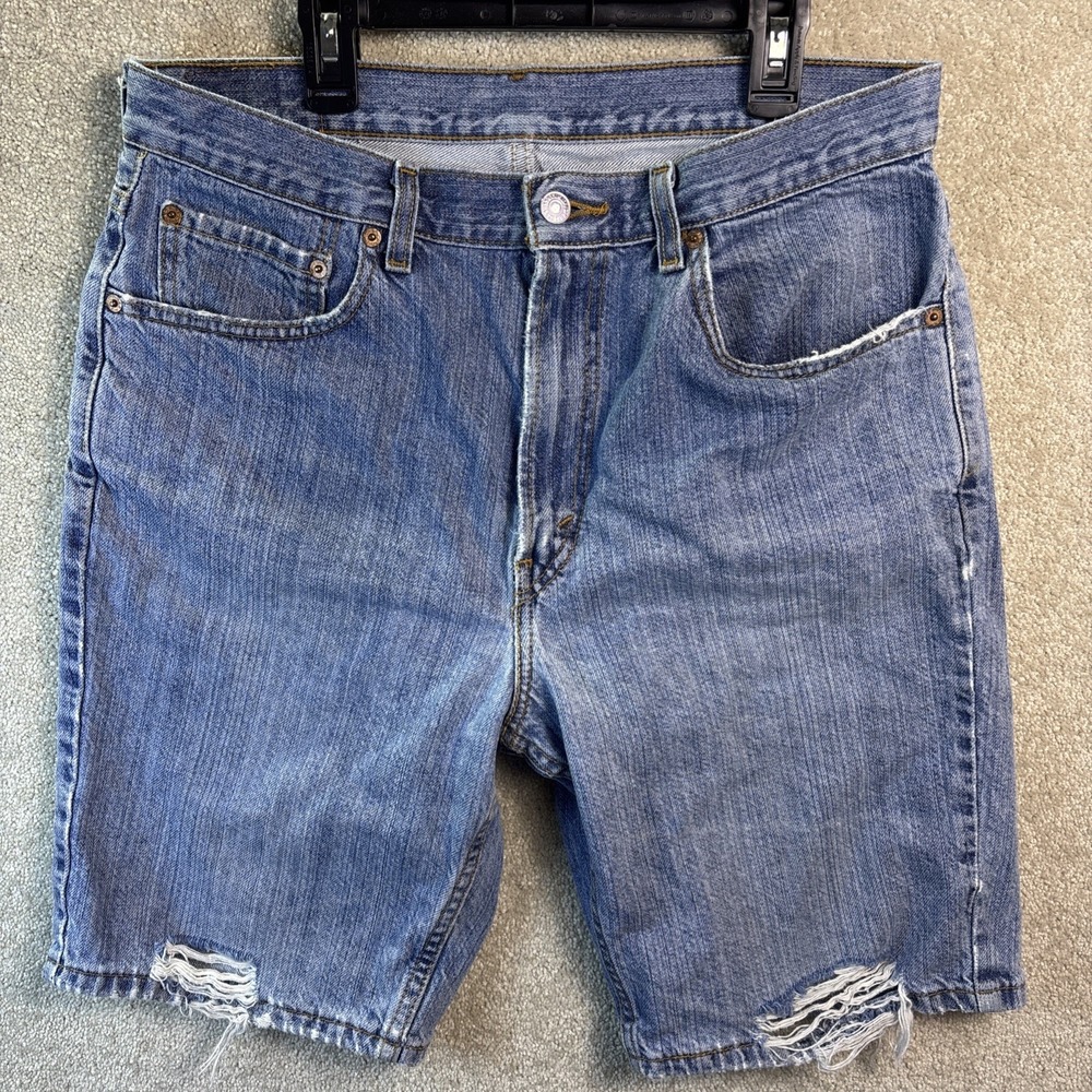 Levi 505 Jean Shorts Mens 34 Blue Distressed Cutoff Denim Regular Fit Dad Jorts